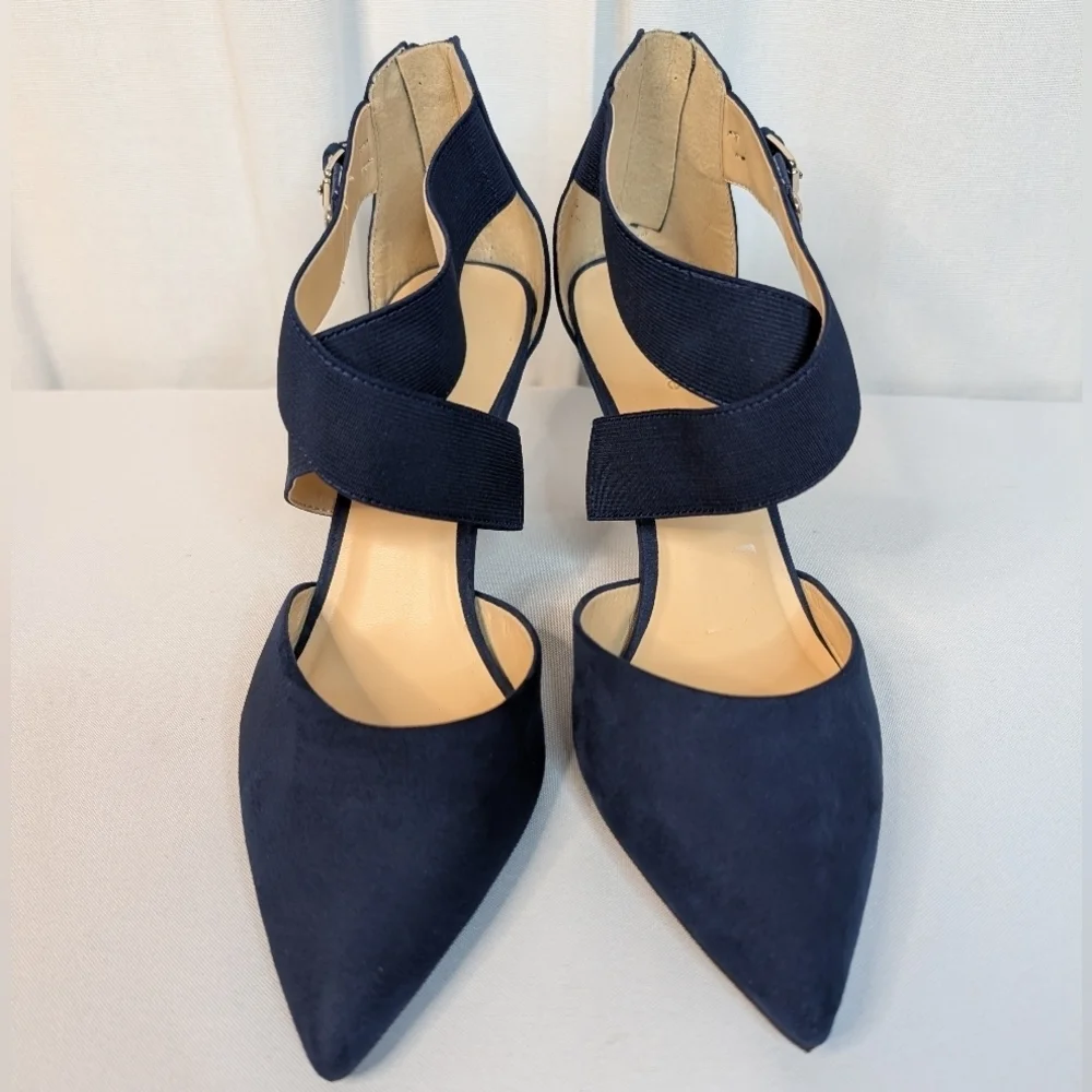 Liz Claiborne Keegan Navy Blue Suede Crossover Strap Stiletto Heels EUC